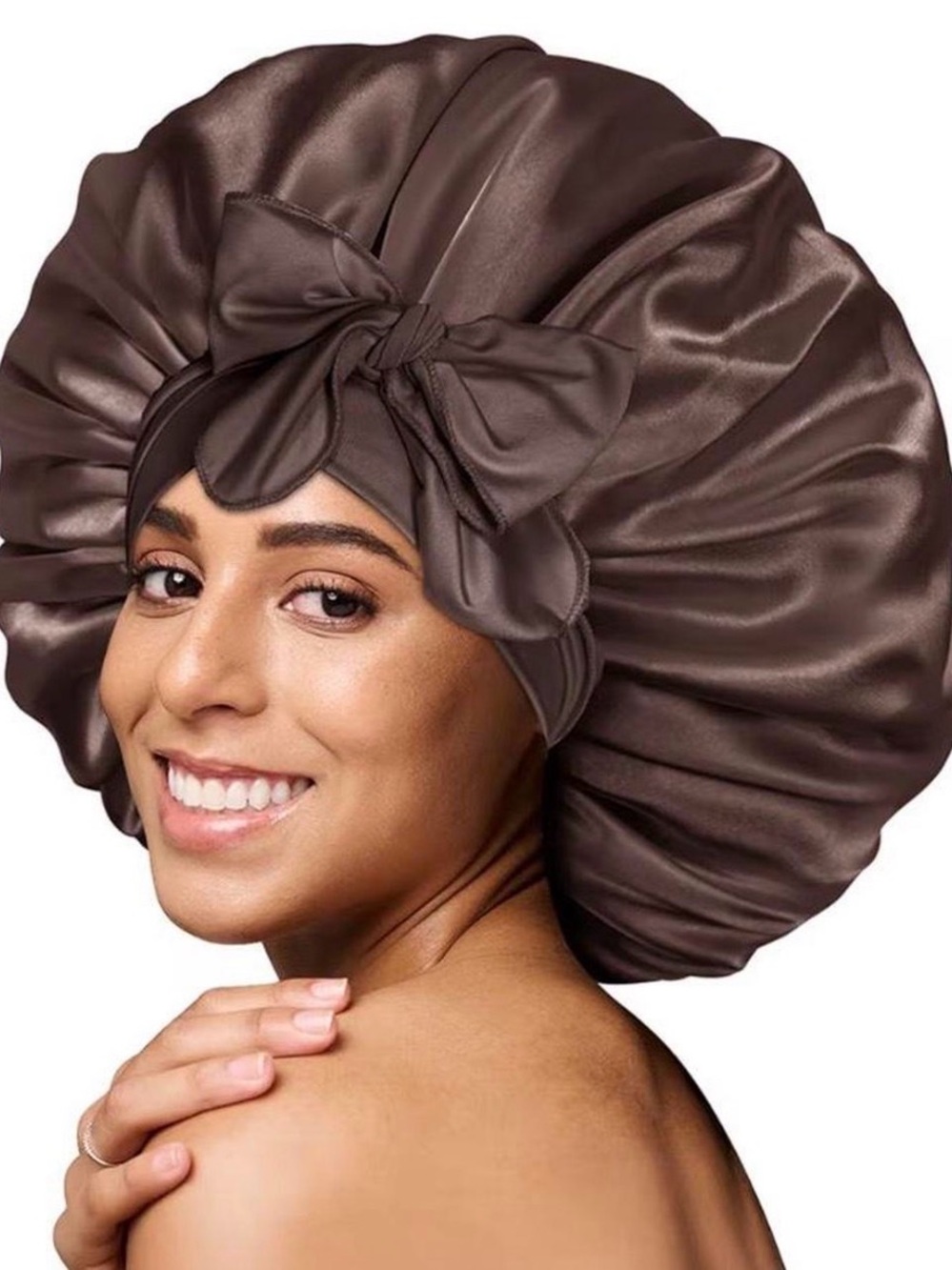 Satin Bonnet Hair Night Cap with Bow - Brown